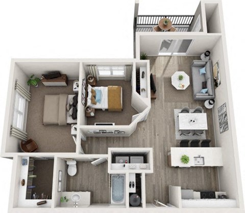 A top-down view of a small apartment with a kitchen, living room, and bedroom.